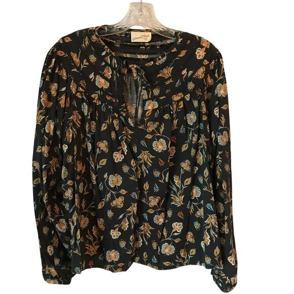 Universal Thread Blouse Womens Large Peasant Floral Gray Orange Aqua Long Sleeve - Picture 1 of 9